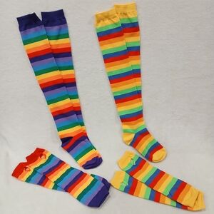 Set Of 2 Pairs Rainbow Striped Over Knee Socks & Fingerless Gloves Kidcore 80s